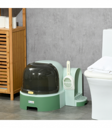 PawHut 2 In 1 Cat Litter Tray w/ Drawer Pans, Scoop, Openable Cover - Green