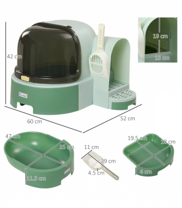 PawHut 2 In 1 Cat Litter Tray w/ Drawer Pans, Scoop, Openable Cover - Green