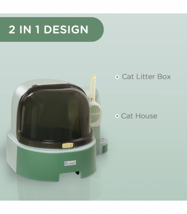 PawHut 2 In 1 Cat Litter Tray w/ Drawer Pans, Scoop, Openable Cover - Green