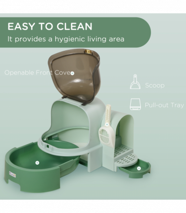 PawHut 2 In 1 Cat Litter Tray w/ Drawer Pans, Scoop, Openable Cover - Green
