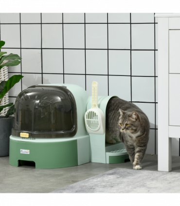 PawHut 2 In 1 Cat Litter Tray w/ Drawer Pans, Scoop, Openable Cover - Green