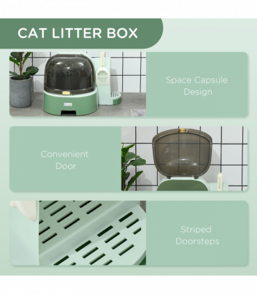 PawHut 2 In 1 Cat Litter Tray w/ Drawer Pans, Scoop, Openable Cover - Green