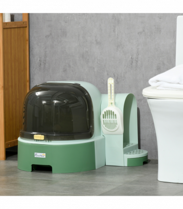 PawHut 2 In 1 Cat Litter Tray w/ Drawer Pans, Scoop, Openable Cover - Green
