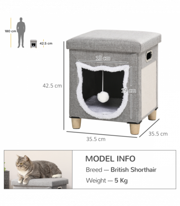 PawHut 2 in 1 Cat Bed Ottoman w/ Removable Cushion, Handles, Scratching Pad