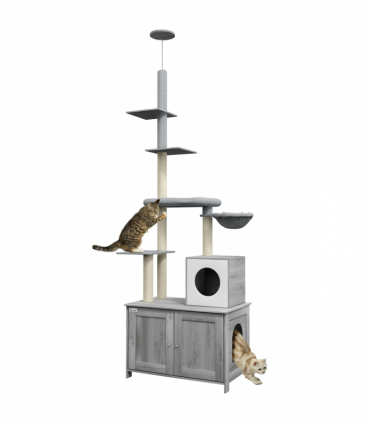 PawHut 2 in 1 Hidden Litter Box with Floor to Ceiling Cat Tree, Indoor, Grey