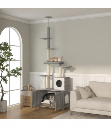 PawHut 2 in 1 Hidden Litter Box with Floor to Ceiling Cat Tree, Indoor, Grey