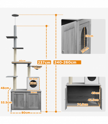 PawHut 2 in 1 Hidden Litter Box with Floor to Ceiling Cat Tree, Indoor, Grey