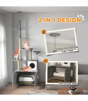 PawHut 2 in 1 Hidden Litter Box with Floor to Ceiling Cat Tree, Indoor, Grey