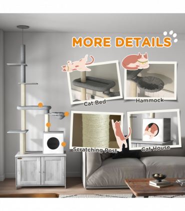 PawHut 2 in 1 Hidden Litter Box with Floor to Ceiling Cat Tree, Indoor, Grey