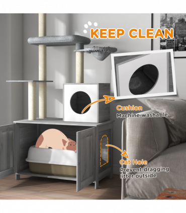 PawHut 2 in 1 Hidden Litter Box with Floor to Ceiling Cat Tree, Indoor, Grey