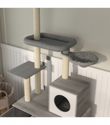 PawHut 2 in 1 Hidden Litter Box with Floor to Ceiling Cat Tree, Indoor, Grey