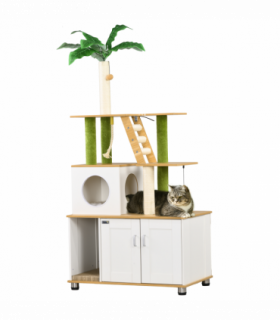 PawHut 2 in 1 Hidden Litter Box with Green Leaf Cat Tree, Indoor, Oak