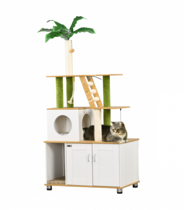 PawHut 2 in 1 Hidden Litter Box with Green Leaf Cat Tree, Indoor, Oak