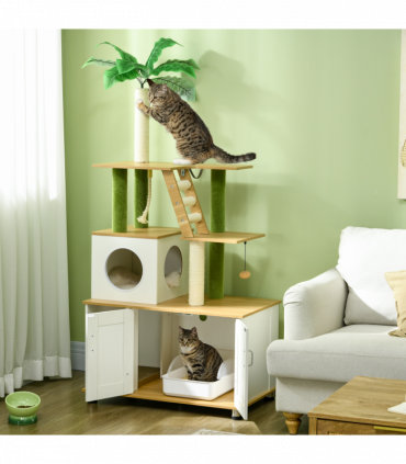 PawHut 2 in 1 Hidden Litter Box with Green Leaf Cat Tree, Indoor, Oak
