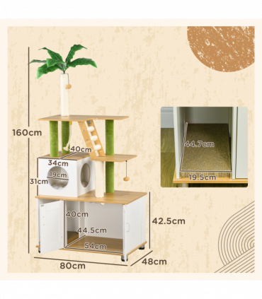 PawHut 2 in 1 Hidden Litter Box with Green Leaf Cat Tree, Indoor, Oak