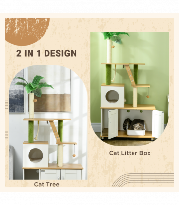 PawHut 2 in 1 Hidden Litter Box with Green Leaf Cat Tree, Indoor, Oak