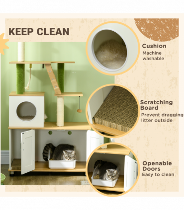 PawHut 2 in 1 Hidden Litter Box with Green Leaf Cat Tree, Indoor, Oak