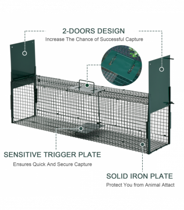 PawHut 2-Door Humane Live Cage Trap for Small Animal Easy Set, Dark Green