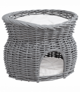 PawHut 2-Tier Elevated Pet Cushion Bed Basket Willow Cat Tree House Condo Kennel