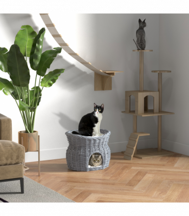 PawHut 2-Tier Elevated Pet Cushion Bed Basket Willow Cat Tree House Condo Kennel