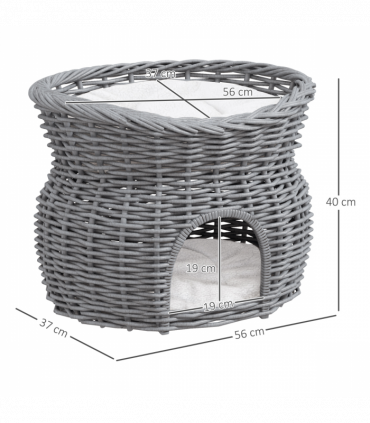 PawHut 2-Tier Elevated Pet Cushion Bed Basket Willow Cat Tree House Condo Kennel