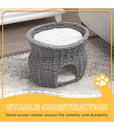 PawHut 2-Tier Elevated Pet Cushion Bed Basket Willow Cat Tree House Condo Kennel