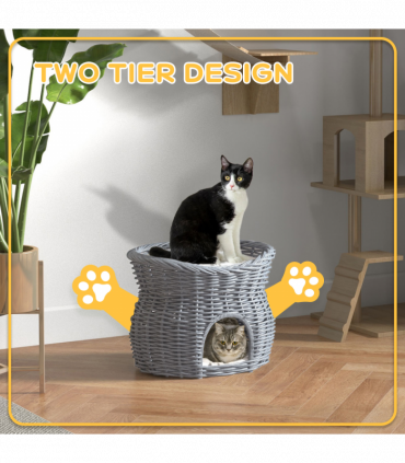 PawHut 2-Tier Elevated Pet Cushion Bed Basket Willow Cat Tree House Condo Kennel