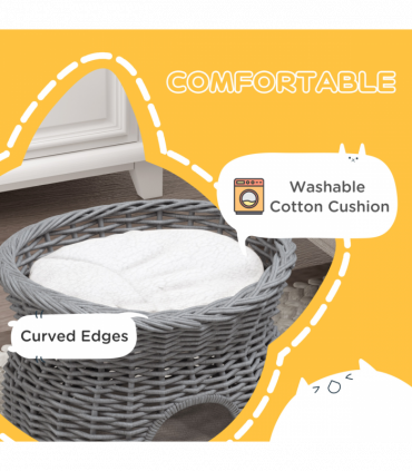 PawHut 2-Tier Elevated Pet Cushion Bed Basket Willow Cat Tree House Condo Kennel