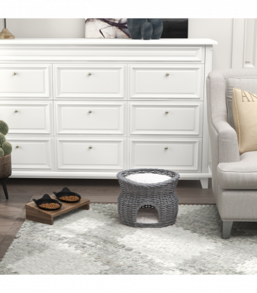 PawHut 2-Tier Elevated Pet Cushion Bed Basket Willow Cat Tree House Condo Kennel