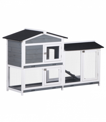 PawHut 2-Tier Wooden Rabbit Hutch Guinea Pig House Pet Cage Outdoor w/ Tray Ramp