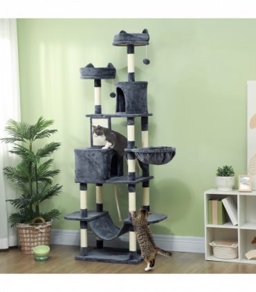 PawHut 206cm Cat Tree with Scratching Posts, Beds, Condos, Toys, Dark Grey