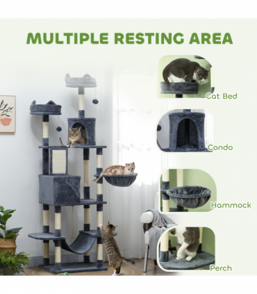 PawHut 206cm Cat Tree with Scratching Posts, Beds, Condos, Toys, Dark Grey