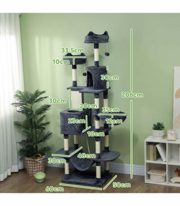 PawHut 206cm Cat Tree with Scratching Posts, Beds, Condos, Toys, Dark Grey