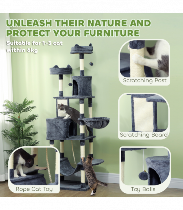 PawHut 206cm Cat Tree with Scratching Posts, Beds, Condos, Toys, Dark Grey