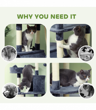 PawHut 206cm Cat Tree with Scratching Posts, Beds, Condos, Toys, Dark Grey