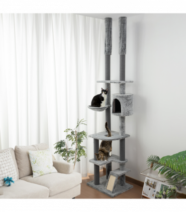 PawHut 225-255cmH Floor-to-Ceiling Cat Tree for Indoor Cats w/ Condo Ramp