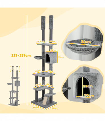 PawHut 225-255cmH Floor-to-Ceiling Cat Tree for Indoor Cats w/ Condo Ramp
