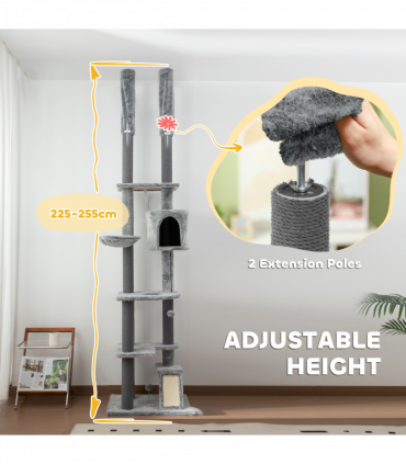 PawHut 225-255cmH Floor-to-Ceiling Cat Tree for Indoor Cats w/ Condo Ramp