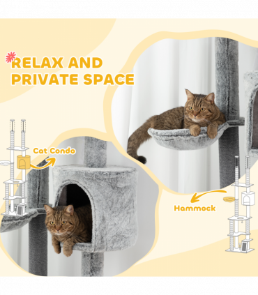 PawHut 225-255cmH Floor-to-Ceiling Cat Tree for Indoor Cats w/ Condo Ramp