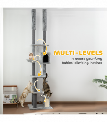 PawHut 225-255cmH Floor-to-Ceiling Cat Tree for Indoor Cats w/ Condo Ramp