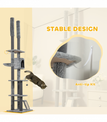 PawHut 225-255cmH Floor-to-Ceiling Cat Tree for Indoor Cats w/ Condo Ramp