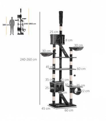 PawHut 240-260cm Floor to Ceiling Cat Tree with Scratching Posts - Dark Grey