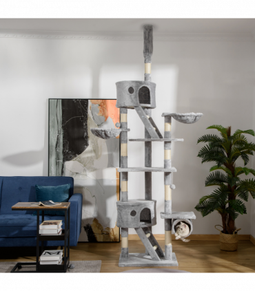 PawHut 240-260cm Floor to Ceiling Cat Tree with Scratching Posts - Light Grey