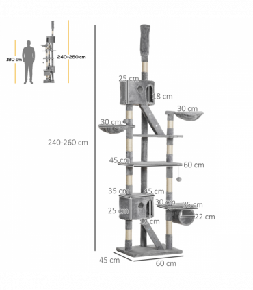 PawHut 240-260cm Floor to Ceiling Cat Tree with Scratching Posts - Light Grey