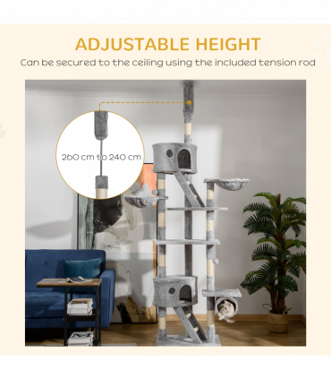 PawHut 240-260cm Floor to Ceiling Cat Tree with Scratching Posts - Light Grey