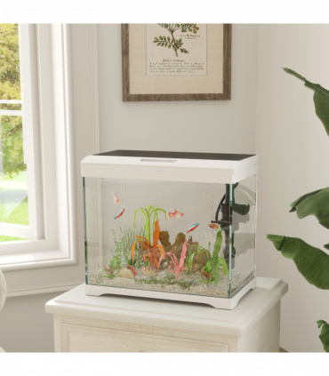 PawHut 27L Glass Fish Tank with Filter System, LED Light, Water Pump, White