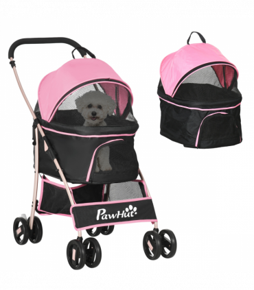 PawHut 3 In 1 Pet Stroller, Detachable Dog Cat Travel Carriage - Pink