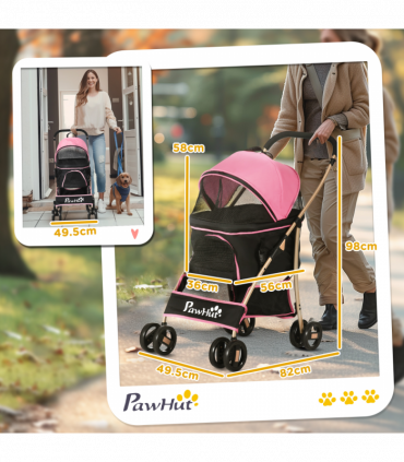 PawHut 3 In 1 Pet Stroller, Detachable Dog Cat Travel Carriage - Pink