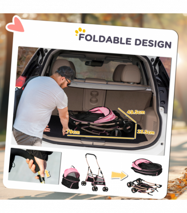 PawHut 3 In 1 Pet Stroller, Detachable Dog Cat Travel Carriage - Pink
