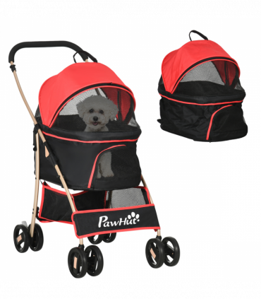 PawHut 3 In 1 Pet Stroller, Detachable Dog Cat Travel Carriage - Red